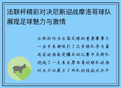法联杯精彩对决尼斯迎战摩洛哥球队展现足球魅力与激情
