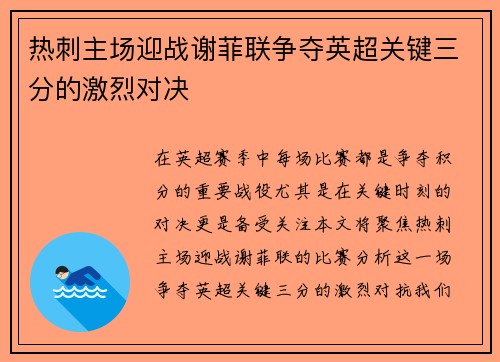 热刺主场迎战谢菲联争夺英超关键三分的激烈对决